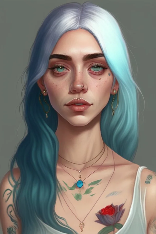 Young woman with big grey eyes, light brown skin, rosy cheeks, long silver earrings, really long straight blue hair, round face, slim body, big bobs, green shirt, red flower tattoo on collarbone,