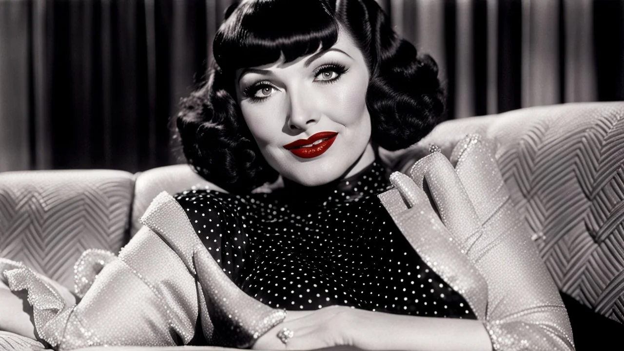 Claudette Colbert, dressed in stockings and stilettos, with a black bob hairstyle with bangs and dark sultry eyes and red lips, lying on a couch, smiling.