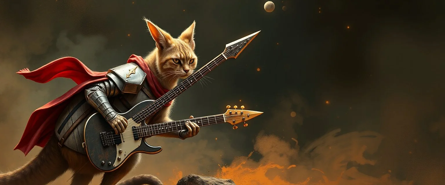 cat kangaroo knight jousting with a tar guitar
