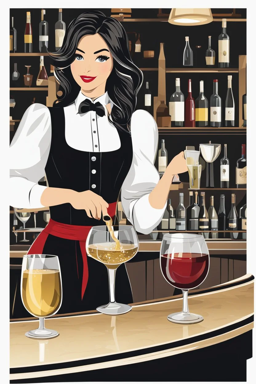 bartender girl with wavy skirt giving drink to drinker wine