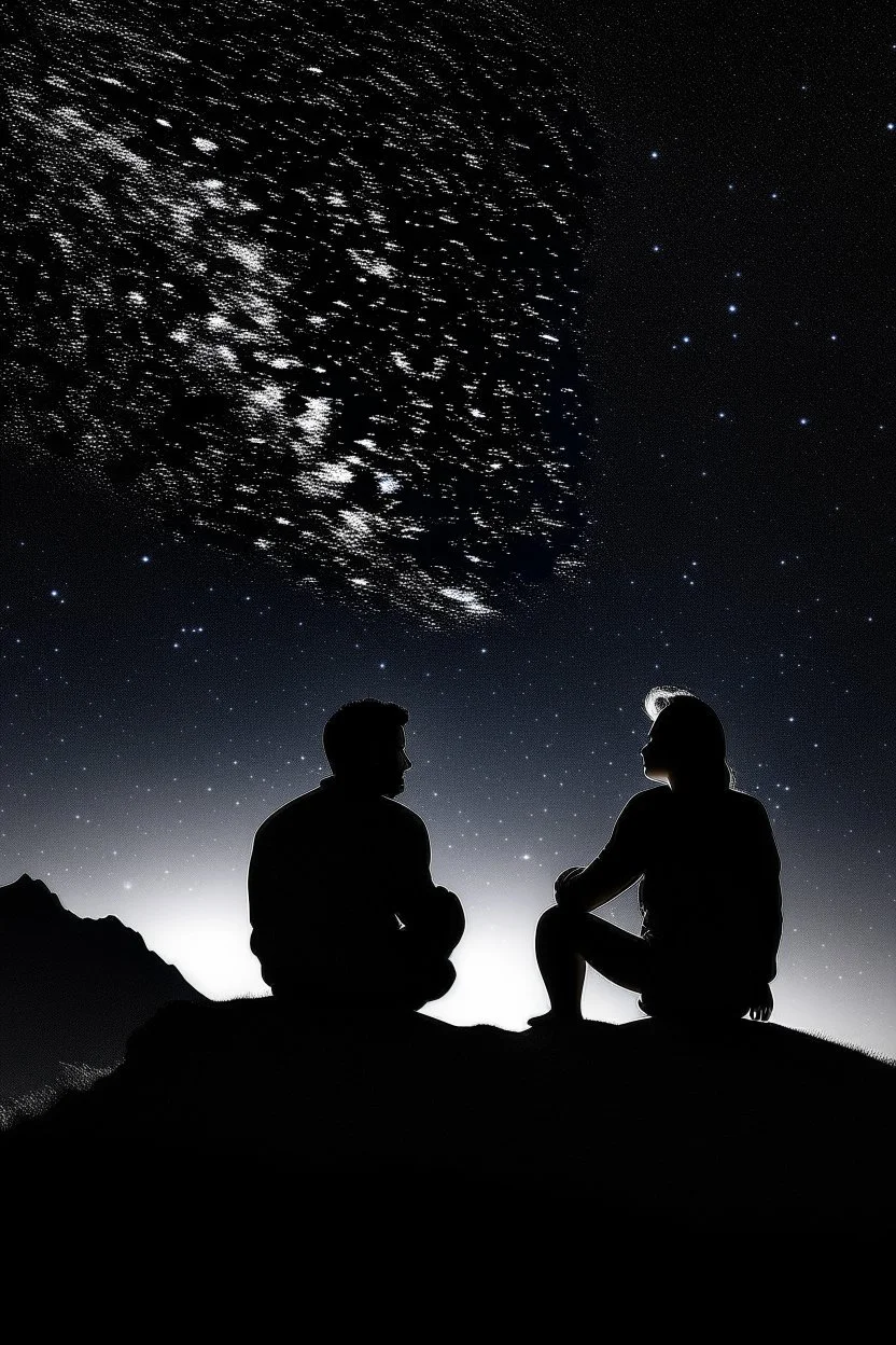 Black background on a mountaintop. Two silhouettes are sitting close to each other a fit human man and a fit human woman, looking at the stars.