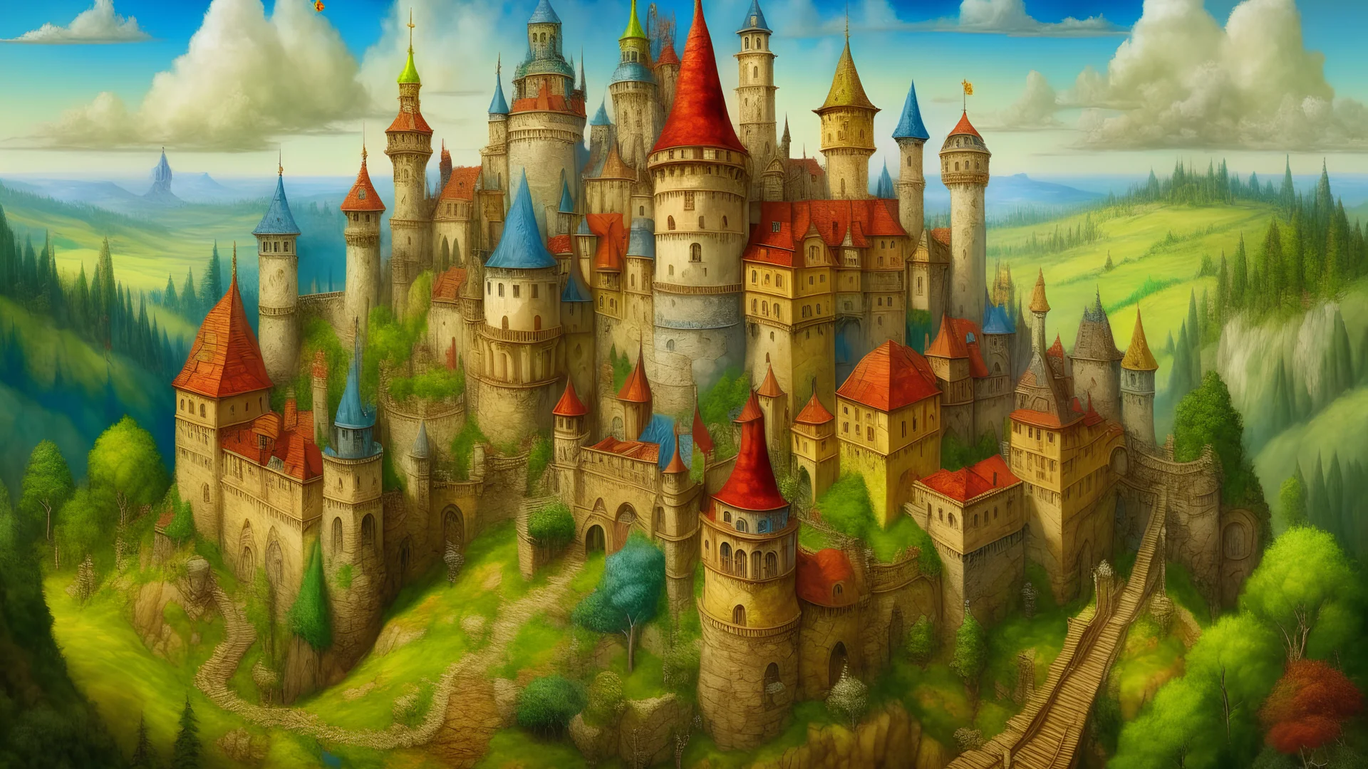 3D 16:9 VERY colorful hyper-realistic detailed painting of Castles in the land of Nod