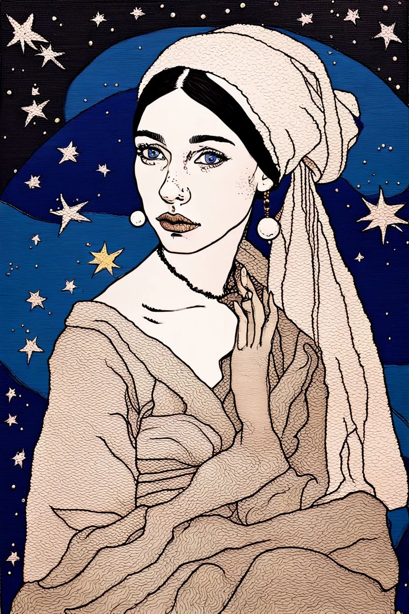 The Girl With A pearl Earring, mixed media, complimentary color, the starry night background, in the art style of Kaethe Butcher, Pierre-Auguste Renoir, Gaelic leafy FolkArt Folklore