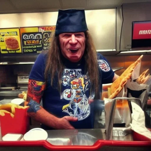 Eddie from Iron Maiden, except he is working in a fast food restaurant as a photo