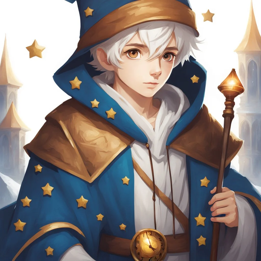 Fantasy World, A boy only wearing a closed wizards robe, and wearing a wizards hat. White Hair. Eyes That Looks Like a Clock.