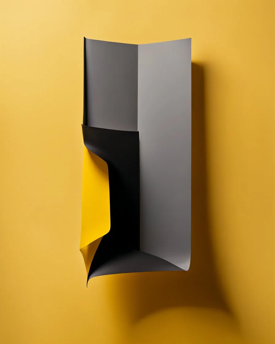 vertically split image in 2 vertical half. In the left half, a large black (paper clip) centered against solid warm yellow background; in the right half. a large sheet of paper centered falling against solid dark warm grey background