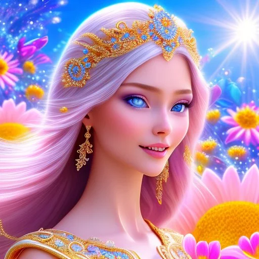 Beautyful smiling young woman, long hair amazing blue eyes, flowers, happy cosmic, bright colors, blue, pink, gold, jewels, realistic, photo real, clear sunny background, highly detailed, high contrast, 8k high definition, unreal engine 5, extremely sharp detail, light effect, sunny light background