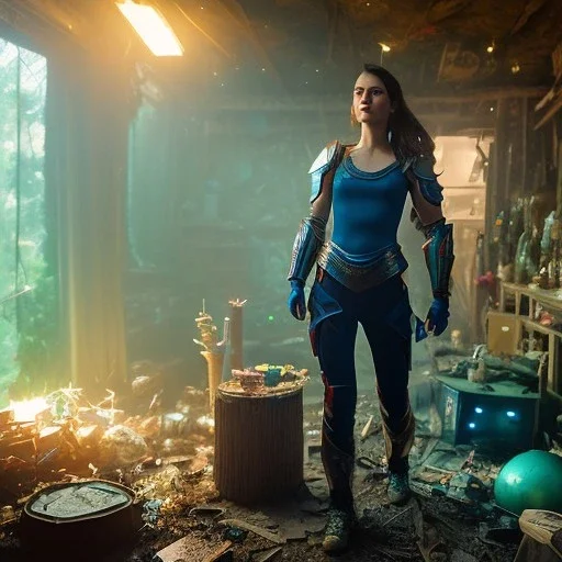 dark and gloomy full body 8k unity render, female teen cyborg, Blue yonder hair, wearing broken battle armor, at cluttered and messy shack , action shot, tattered torn shirt, porcelain cracked skin, skin pores, detailed intricate iris, very dark lighting, heavy shadows, detailed, detailed face, (vibrant, photo realistic, realistic, dramatic, dark, sharp focus, 8k)