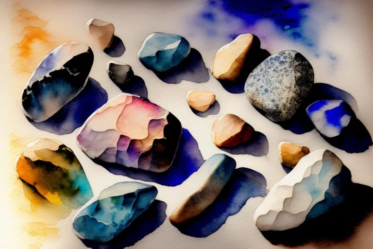 beautiful collection of stones, melting watercolor and black ink outlines on wet paper, soft, shading strokes, in sunshine, ethereal, otherwordly, cinematic postprocessing, bokeh, dof