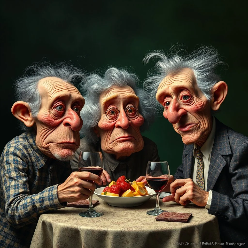 The oddest coagulation and mixture of friends, glossy finish, dine, details very accentuated, stunning style, oniric, Max Ernst, hyperphotography, kiuy, blatant, gross, caricature, very funny, distorted, granny