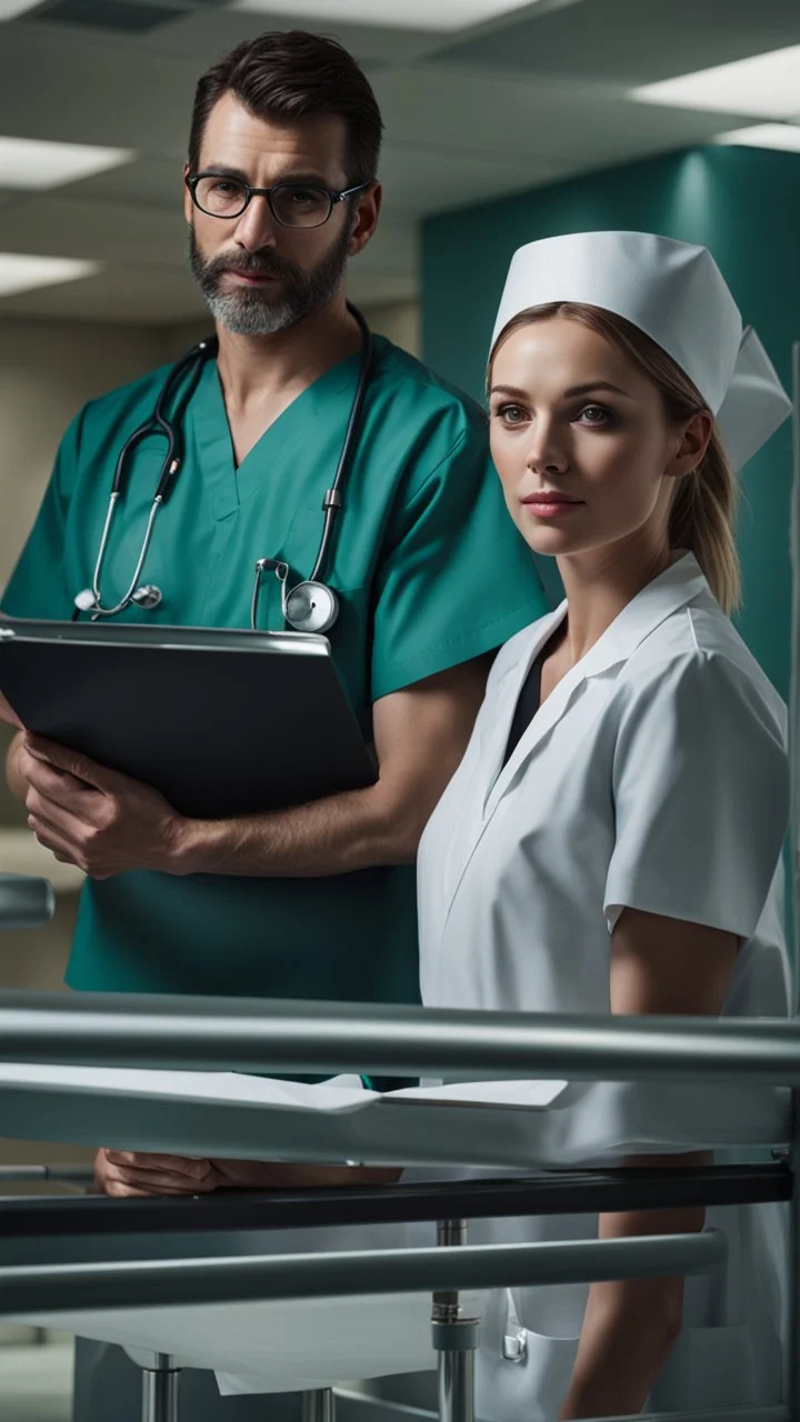 photorealistic hyperdetailed portait of a doctor and a nurse looking at a clipboard in a hospital