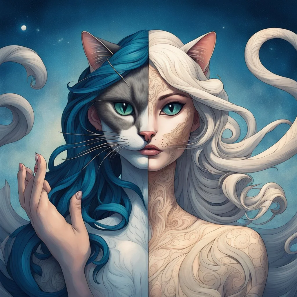 Shapeshifter. Create a character in mid-transformation between forms. half and half. Siamese cat and woman