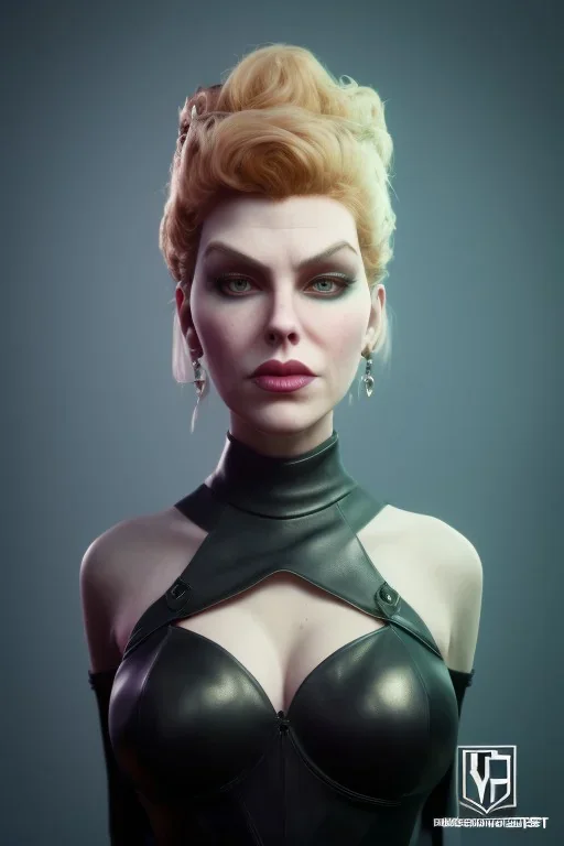 Hannah Waddingham as evil queen in black leather, busty, cleavage, voluptous, rebecca Welton, angry, stern look. character design by cory loftis, fenghua zhong, ryohei hase, ismail inceoglu and ruan jia. unreal engine 5, artistic lighting, highly detailed, photorealistic, fantasy