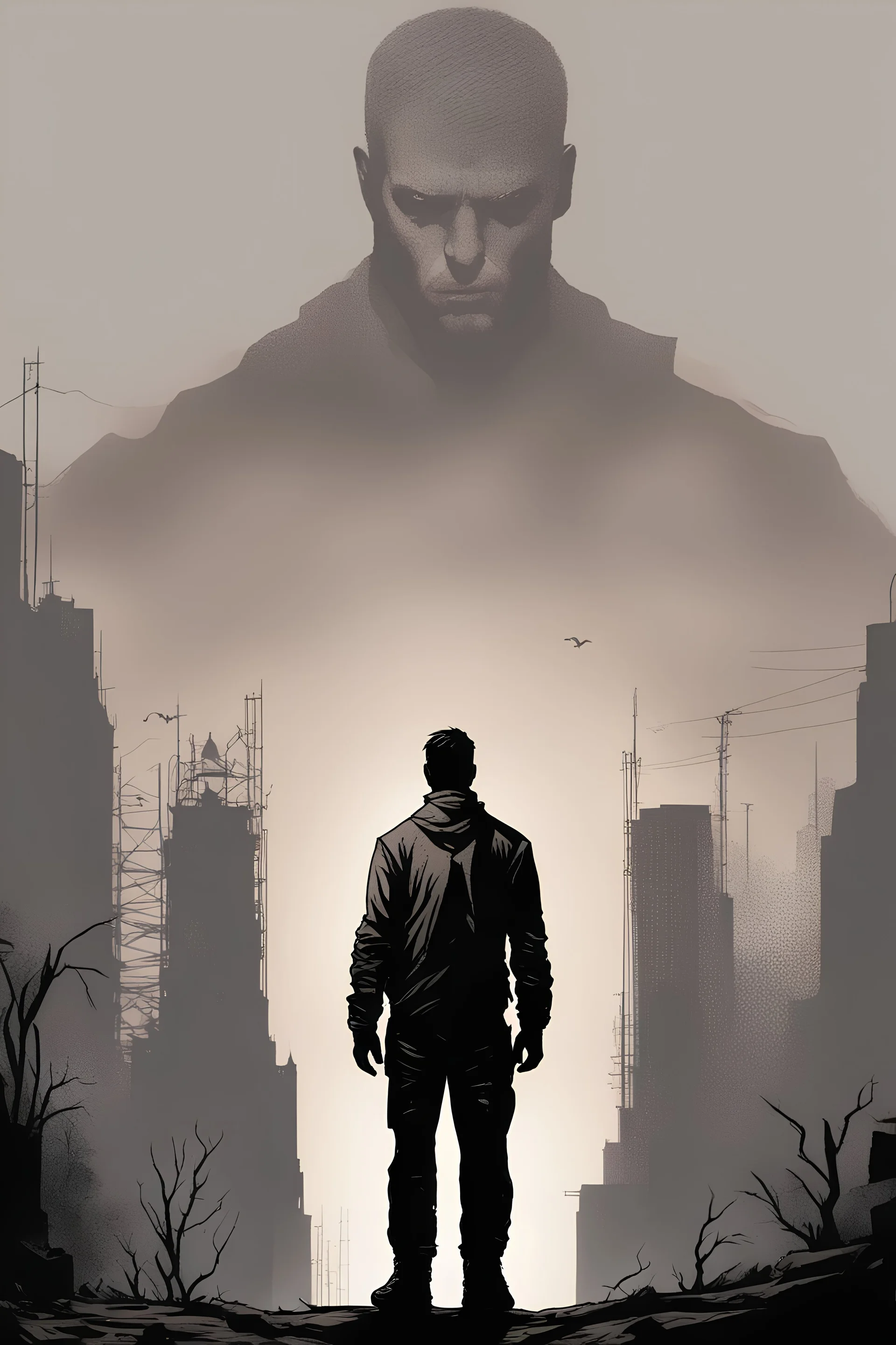 man, standing, silhouette, comic book,post-apocalypse, gray background,