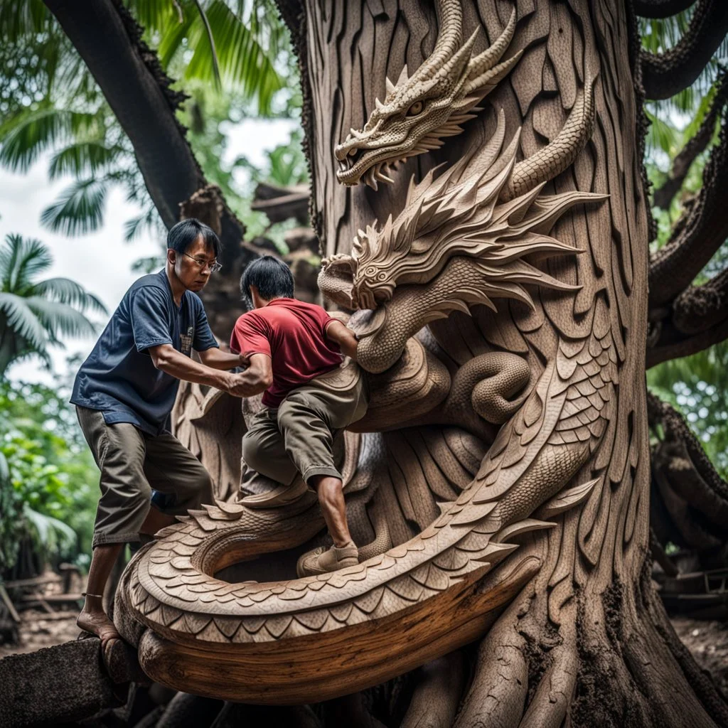 a Man Indonesia working is carving the body of dragon on a large tree trunk, with text "addie", very detailed. Photo wide angle raw. High res, high contras. Perfect, iso 1000, white balance 1