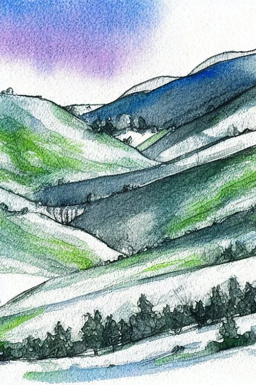 Rolling hills, lake, winter, snow, sunrise Modifiers: smooth intricate high definition beautiful lighting pencil sketch watercolor polished warm light watercolor and ink LNF