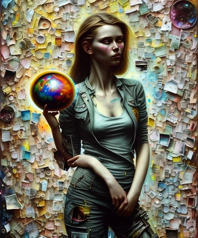 happy beautiful girl holding big proffesional camera in studio. street art, oil on canvas, spray paint, collage, letters, newspapeers, Dave McKean, Vladimir Fedotko, Saturno Butto, Vaughn Bodé, Frank Wu, James C. Christensen, collage, dirty, paint dripping, radiant