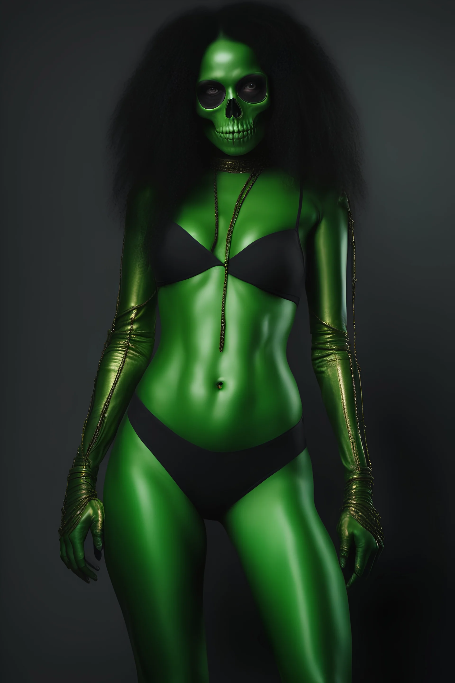 inspired by all the works of art in the world - A Fantastical Heavy Metal Rock and Roll Comedy in 3 notes - Zym Fandell, an extremely tiny, thin, voluptuous beautiful skull-faced Green Martian female, full body image, wearing a skinsuit, Absolute Reality, Reality engine, Realistic stock photo 1080p, 32k UHD, Hyper realistic, photorealistic, well-shaped, perfect figure, perfect face, a multicolored, watercolor stained, wall in the background,