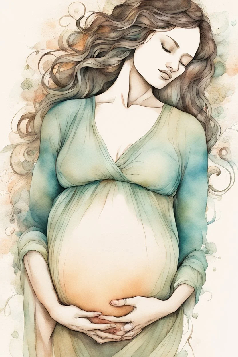 alcohol ink on textured paper, strong textures, dynamic ink lines, washed ink, nuanced colors, vignette, illustration of a pregnant woman lovingly looking at her belly while caressing it, wearing a flowy dress, flowers, whimsical, enchanting illustration