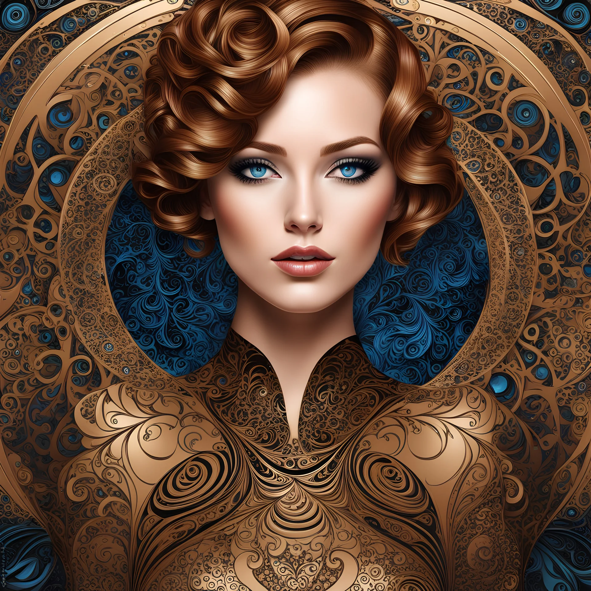 "full body portrait in close up of Pretty woman , blue eyes, ginger wavy short hair,, brown shiny latex dress, black beige complex background ,intricate swirls, tiny circles,, , vector fractal, wave function, Zentangle, 3d shading)"