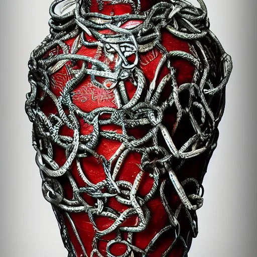 fantasy, digital art, large cylinder, object, bounded by chains, metallic, dark metal, ruby encrustations, massive, engravings