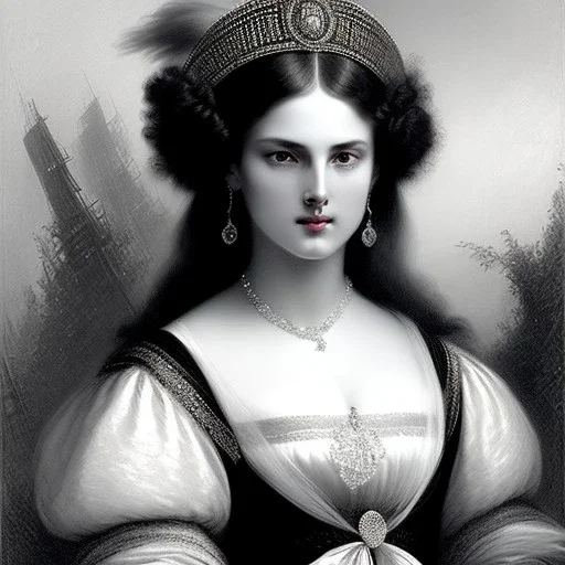 stunning beautiful young woman , Gustave Doré black and white illustration, perfect eyes, beautiful face