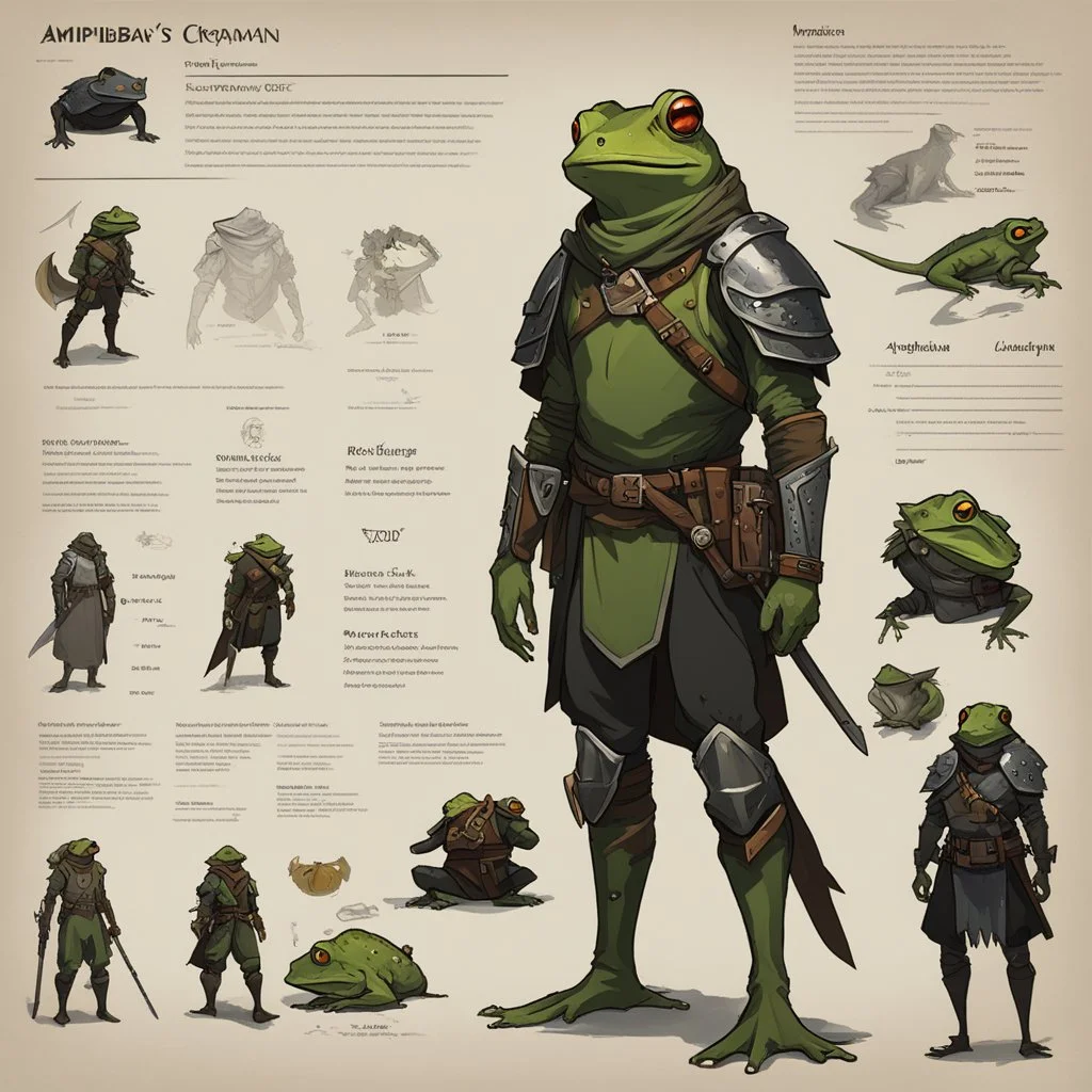 ConceptSheet: amphibian, frog, frogfolk, frogman, Baldur's Gate 3, fantasy, dark fantasy character, Pathfinder, dnd character design, DnD characters, DnD OC, dnd, dungeons and dragons, warrior, veteran, adopt adoptable, clothes cool cute design fantasy, with AD&D statistics (1982)