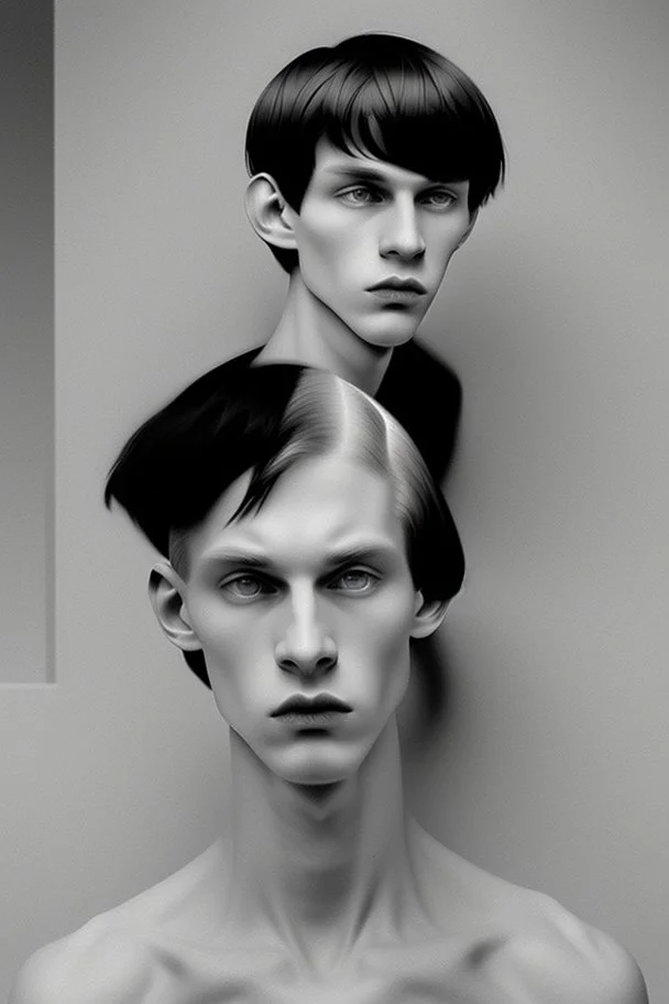 pale skin tone, black hair in a longish bowl cut with whisps in front of his ears, face is thin with high cheekbones and deep blue eyes that are often full of emotion and full lips. lean build that suggests he doesn't engage in a lot of physical activity. He is of average attractiveness with a boyish face.