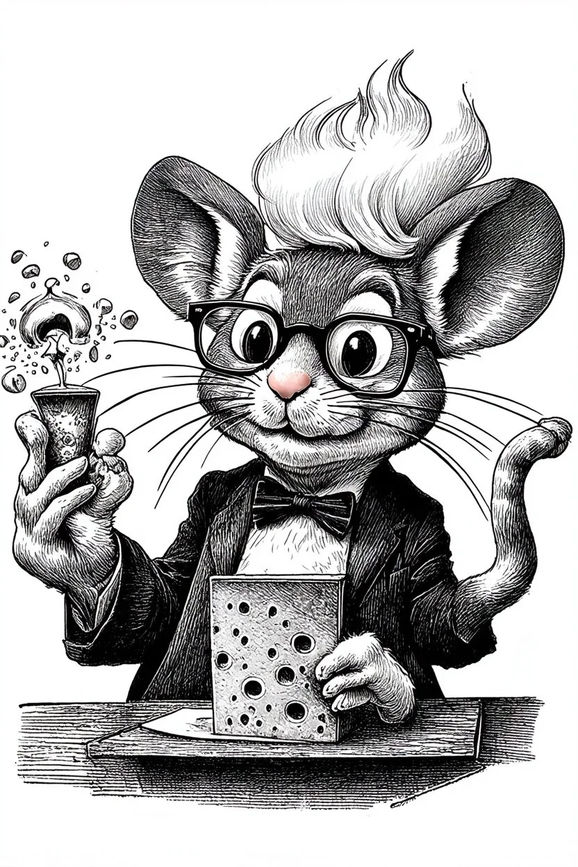 - “Mr. Whiskers McStreusel crazy old mouse doing magic inside his magic cheese shop, a wiry fellow with wild white hair and glasses so large they practically covered his whole face.” charcol sketch on white background