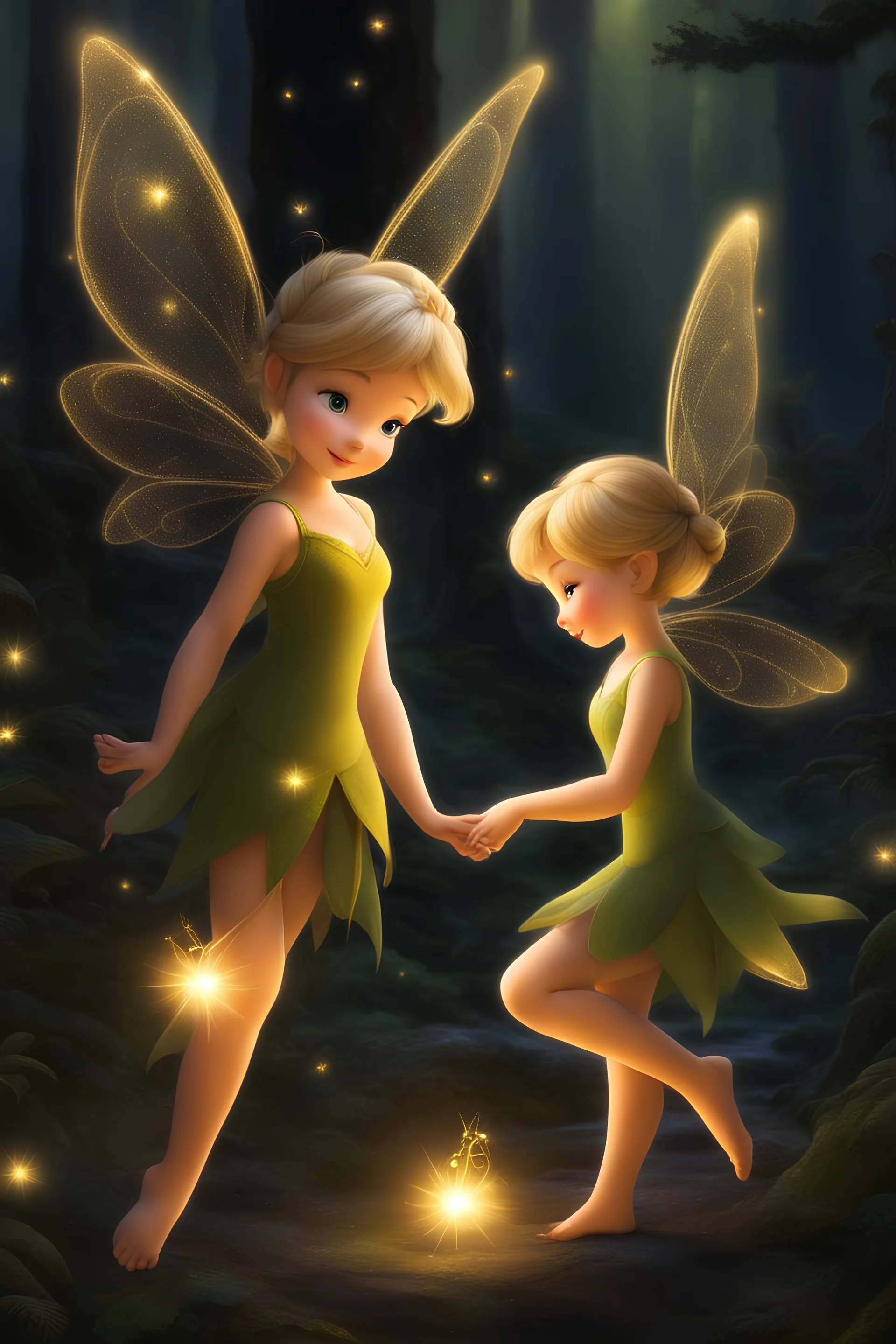 A passionate dance between two tinkerbells, illuminated by a single glowing firefly.