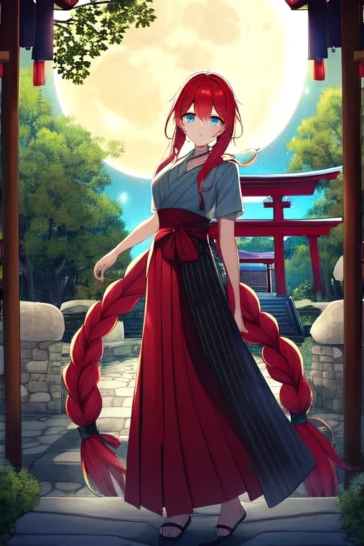 girl, masterpiece, best quality, cinematic lighting, detailed outfit, vibrant colors, perfect eyes, red hair, very long hair, braided ponytail, blue eyes, hakama, shrine, moon, starry sky, plants, stone walkway,