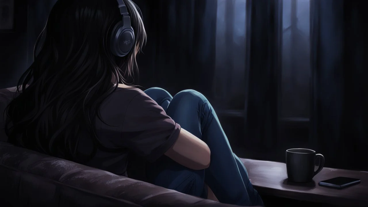 dark 3d anime style, close up in the foreground back to the camera a woman sitting on sofa with her knees pulled to her chest.. in comfortable t-shirt and jeans clothes.. her is normal body not too thin,,Her face is not visible at all. She long dark hair partially covering the side of her head. a headphones on her head and near a table with one mug and a mobilphone on table, heavy dark courtains covers window suggesting to shut out the outside world. She is facing the window,