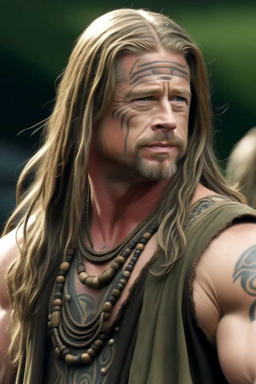 brad pitt as long haired celtic warrior with tribal tattoos