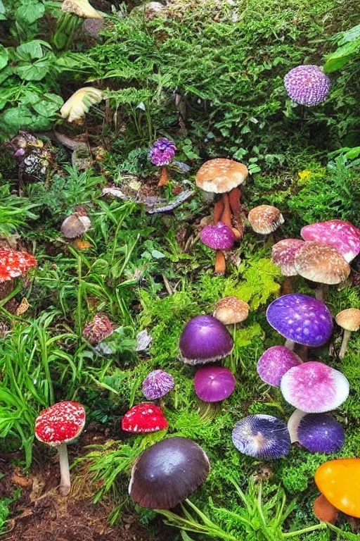 psychadelic garden, during a gentle rain, with mushrooms