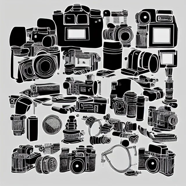 elements of photographic equipment. poster graphics. high detailed. ink and acrylic.