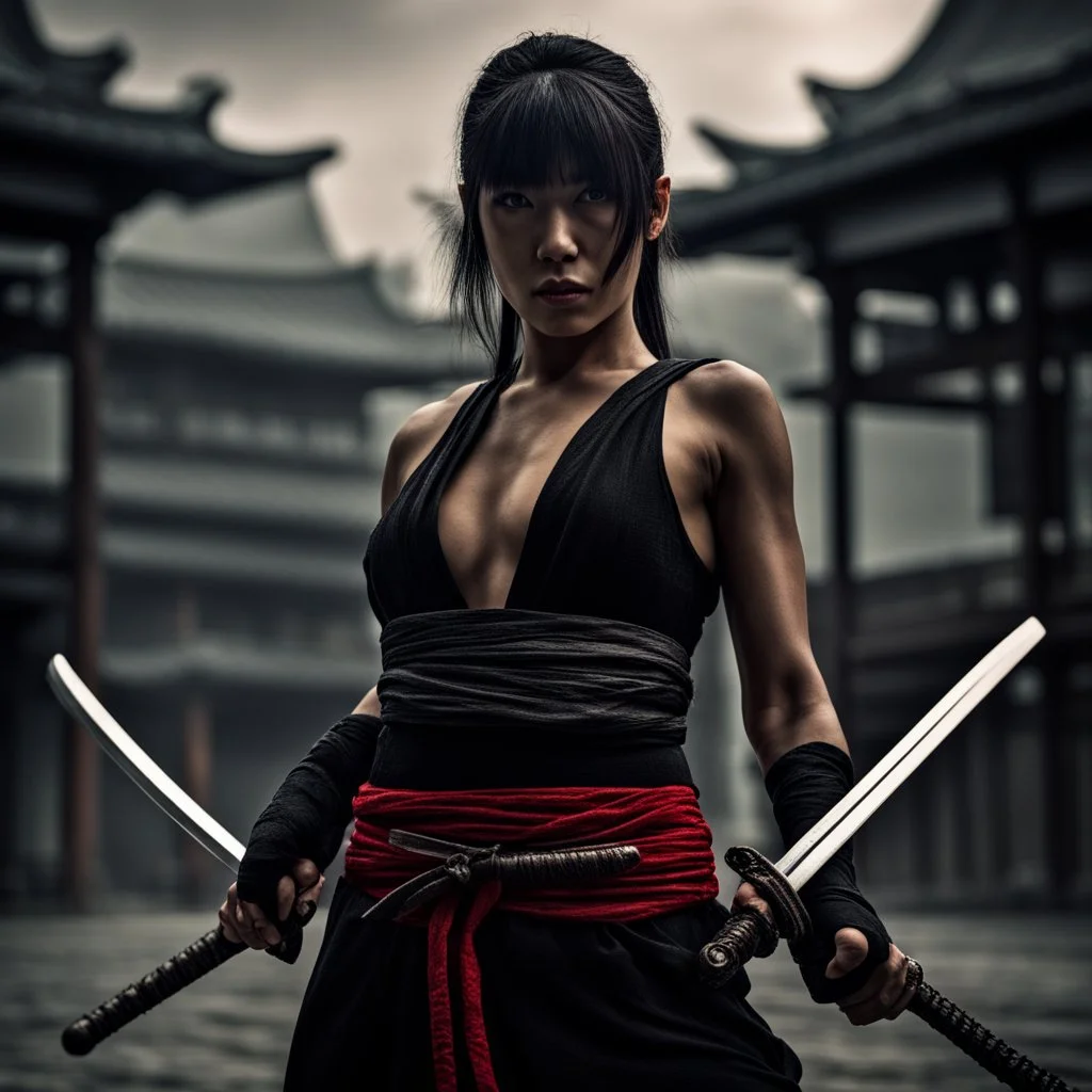 Behold the powerful alluring and pretty ninja woman, her body adorned with the traditional ninja costume and a katana, HDR, beautifully shot, hyperrealistic, sharp focus, 64 megapixels, perfect composition, high contrast, cinematic, atmospheric, moody