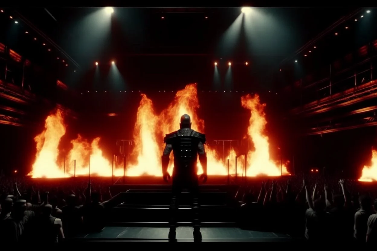 4K full realistic, full lights, crowd at a rammstein concert, a king is standign on stage, back, arms spread and on fire, flames everywhere.