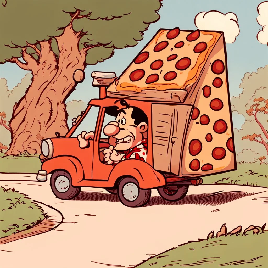 Pizza delivery to the home of Fred Flintstone.