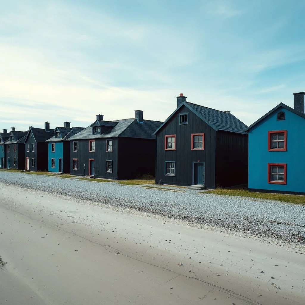 Fotografia di strada assurda e falsa orripilante blu Vlkolínec weirdcore dai colori vivaci. Yves Tanguy. Non luogo falso, inusuale. Max Ernst. Le case sono false e dipinte di nero chiaro con cose stilizzate e dettagli. Ci sono finestrelle false quadrate, che danno un senso distopico e molto surreale, disposte in modo casuale. L'atmosfera generale sembra noiosa e onirica, con un contrasto tra elementi reali ed elementi dipinti falsi, on the shore, René Magritte, oddest things