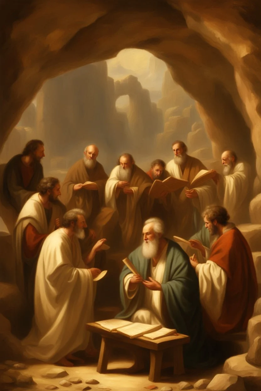 Several Christian priests of the 1st century AD are sitting in a cave and actively arguing and gesticulating, each holding a scroll of Ancient Scripture, on a wooden table in front of them there are many ancient scrolls, all painted with oil paintings in high resolution, in 8k.