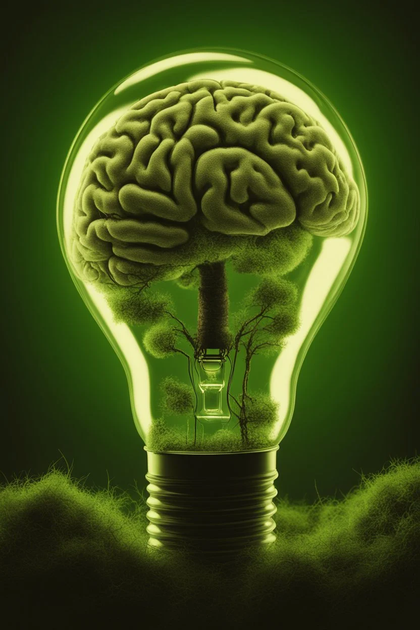 light bulb with brain illuminate inside on green background wuth moss. No light.Green Dark atmosphere