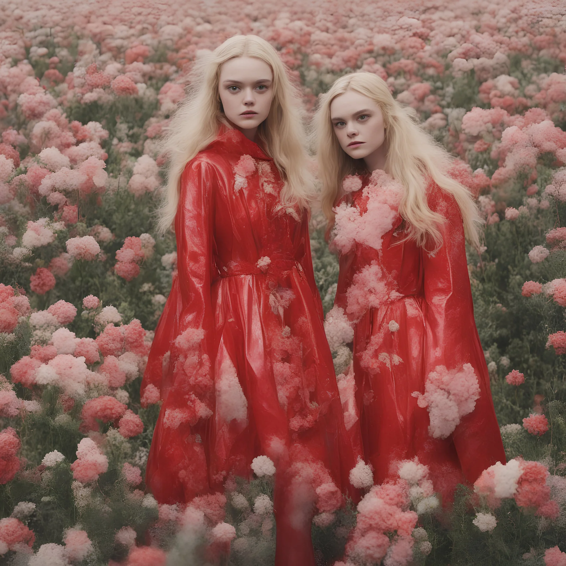 Elle fanning and dakota fanning , as flowers, red shiny plastic coats