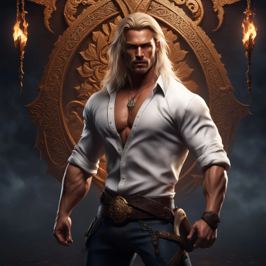 handsome warrior king, muscular, long blonde hair, male age 30, wearing jeans and a white button-up shirt, tan skin, tattoos, photorealistic 4k dark fantasy