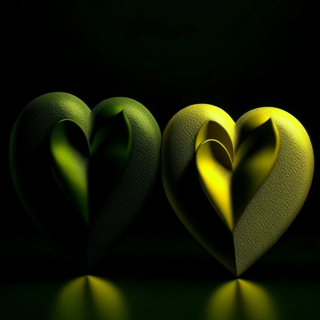 two hearts, dark green and yellow colours, romantic atmosphere