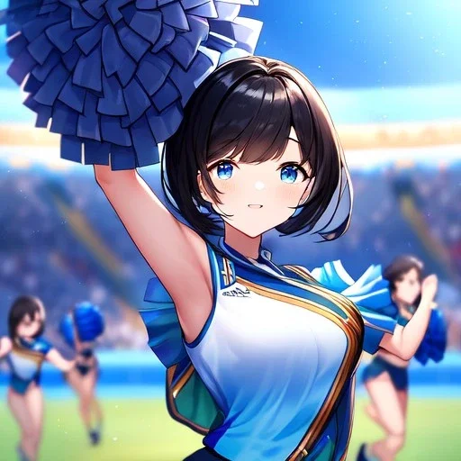 Clear Focus, High resolution, girl wearing a cheerleader outfit, blue eyes, medium hair length, black hair with a gradient of cyan