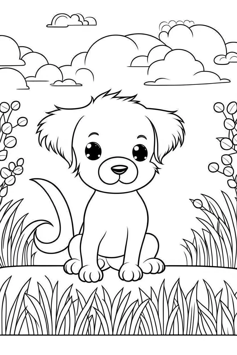 cute coloring page, sketch style, cute baby dog in the park, cartoon, white and black, withe background, no shadows, outline.