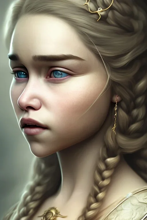 Perfect Emilia clarke face, viking clothes, highly detailed face, highly realistic, dragon, fire, particles