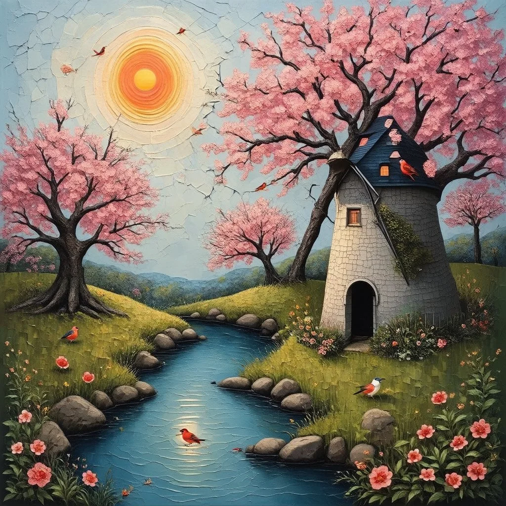 Pedro Friedeberg, Catrin Welz-Stein, Cecilia Frigati, Ton Dubbeldam, Escher and Fibonacci extremely textured abstract acrylic painting with a network of very fine cracks on worn canvas: a watermill in a storybook village in a flowering zentangle spring landscape with a river, with majestic old trees with gnarly blooming branches and birds in iridescent light pink-red colours perched on them, patches of grasses, rocks, under a pink-orange sun. pop surrealism, 3D relief, soft tones, textured brush