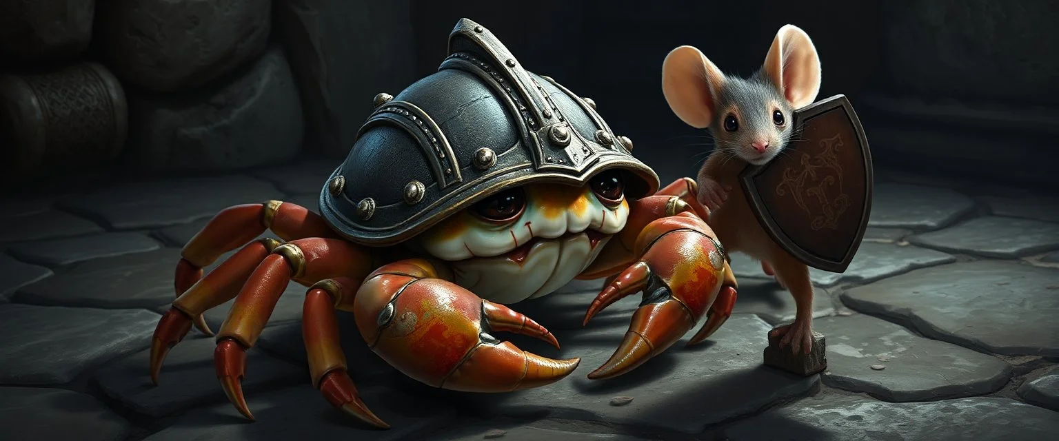 Small crab wearing a dented medieval helmet as a shell, dungeon floor, detailed fantasy realism, humorous creature design, high detail textures, vigilant mouse with shield