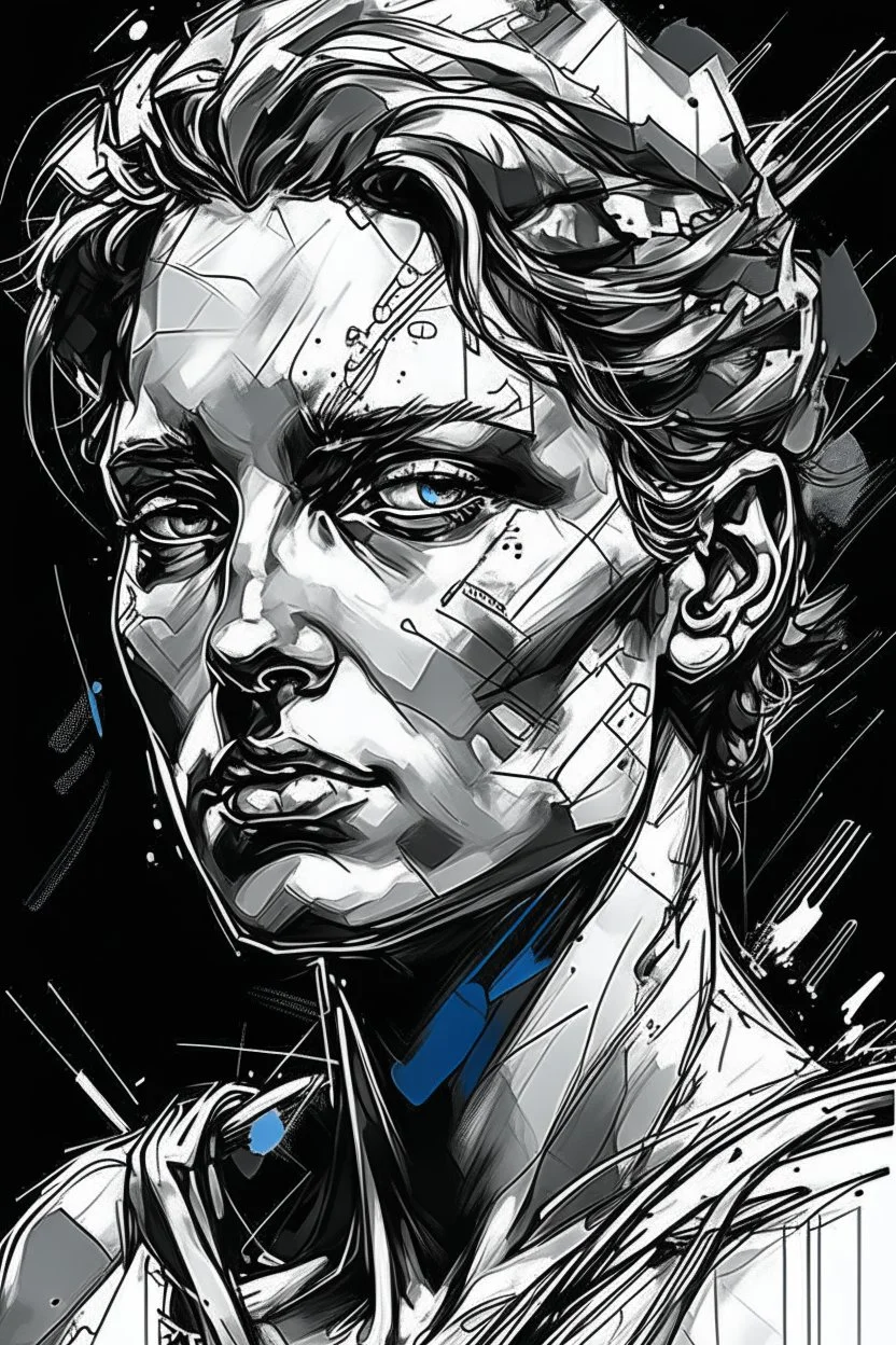 Portrait of personage on slep face , by Dino Valls, by Russ mills, dramatic, background is an elusive drug hallucinatio with a translucent horizontal brushstroke of white covering her eyes, sketched strokes outline, Rhys Ifans as well subject with a translucent horizontal brushstroke of white covering her eyes, sketched strokes outline her figure as well